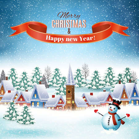 New year and Christmas winter landscape background with snowman. Vector illustration. concept for greeting or postal card.のイラスト素材