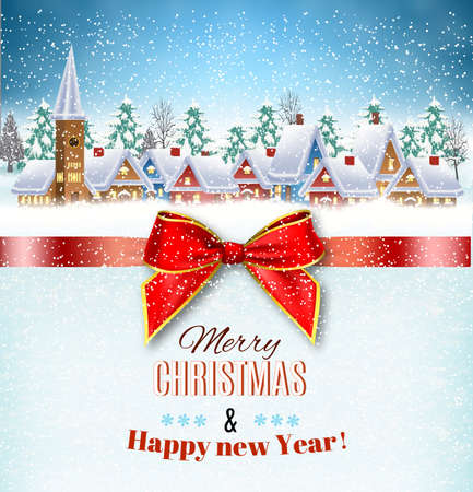 New year and Christmas winter village  landscape background and a red gift ribbon. Vector illustration. concept for greeting or postal cardのイラスト素材