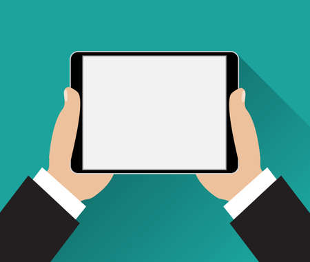 Hands holding black tablet computer at green backgound with shadows. Vector illustration in flat design. Concept for web design, promotion templates, infographics. vector illustrationのイラスト素材