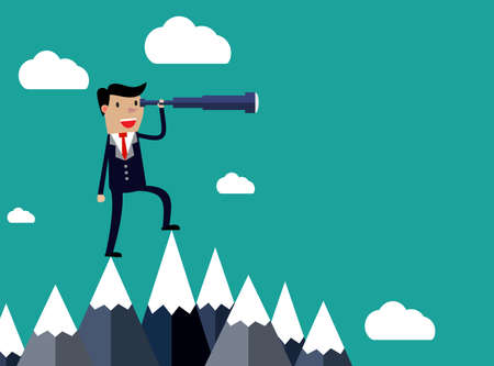 Businessman stand on top of mountain using telescope looking for success, opportunities, future business trends. Vision concept.のイラスト素材