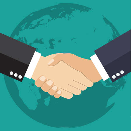 Worldwide cooperation concept - Business handshake with world map and connected user iconsのイラスト素材