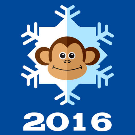 Monkey snowflake. Symbol of the 2016 year. New Year Greeting card. Flat vector illustrationのイラスト素材