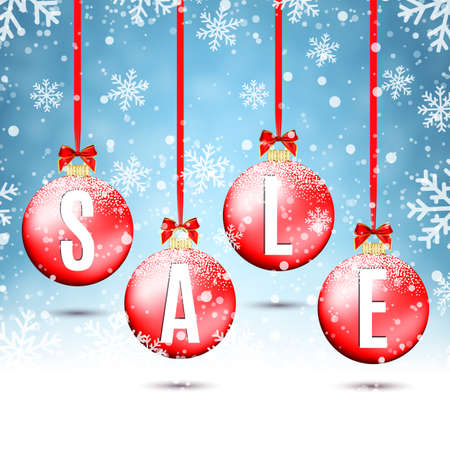 Four red Christmas balls with ribbons and bows,on winter background with snow and snowflakes. Sale poster template. Vector illustration.のイラスト素材