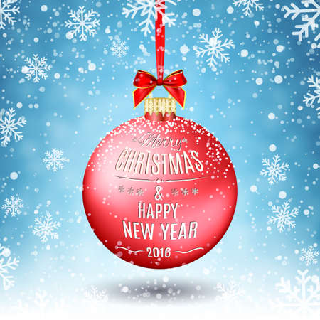 Red Christmas ball with ribbon and a bow, on winter background with snow and snowflakes.のイラスト素材