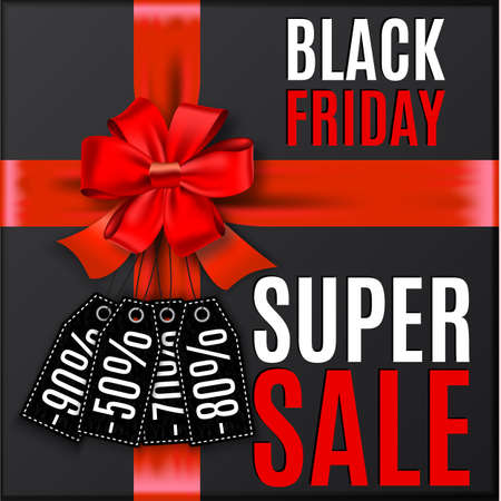 Black friday background with red bow and ribbons with discount tag and place for text. のイラスト素材
