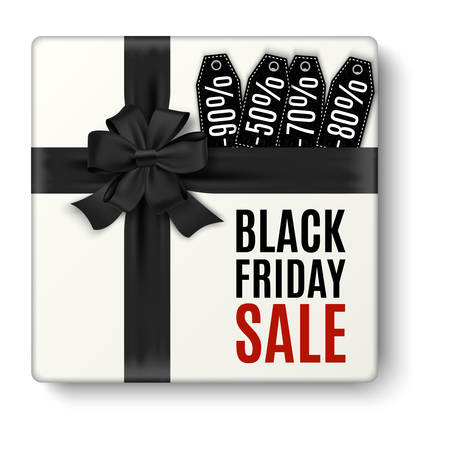 white gift box top view with black bow with discount tag and black friday sale on  white background. のイラスト素材
