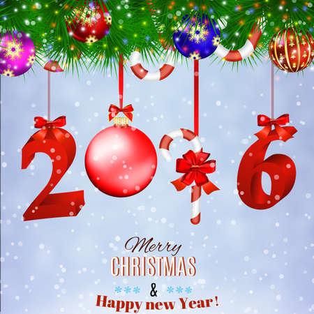 2016 New Years background with christmas ball, candy cane  hanging from the  the fir tree.のイラスト素材