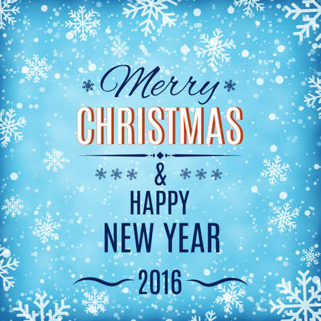 Merry Christmas and Happy New Year text label on a winter background with snow and snowflakes. のイラスト素材