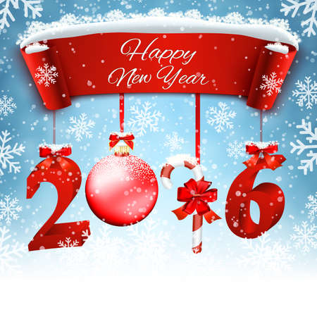 2016 New Years background with christmas ball, candy cane and red realistic ribbon banner and snow. のイラスト素材