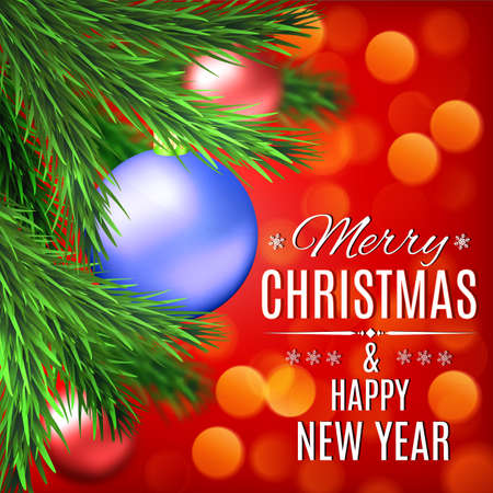 Christmas and New Year vector card. Fir tree on blurred background with colored balls. Concept for greeting or postal card. Vector illustration.のイラスト素材