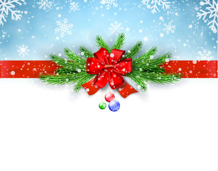 Happy New Year and Merry Christmas Greeting Card Design. Vector Illustration. Red Silk Bow with Pine Tree Branches, Paper Snowflakes and Balls. Smooth Blue Backdrop with Snowfall. Season Greetings.のイラスト素材
