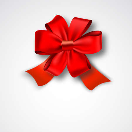Red Ribbon Satin Bow Isolated on White. Vector Illustration. Invitation Decorative Card Template, Voucher Design, Holiday Invitation Design.のイラスト素材