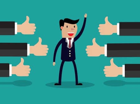 Vector illustration of a successful businessman acknowledging many thumbs up around him. Conceptual design for success and achievementのイラスト素材