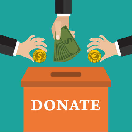 Buisness man hand putting gold coin  and money in donation box on green backgound. vector illustration in flat style, infographics web design elementsのイラスト素材