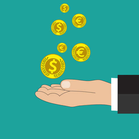 Buisness man hand hold set of gold coin  on green backgound vector illustration in flat design. infographics web design elementsのイラスト素材