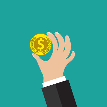 Buisness man hand hold gold coin on green backgound vector illustration in flat design. infographics web design elementsのイラスト素材