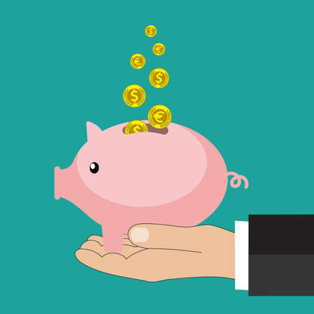 Flat saving money concept background. Piggy bank and coins. vector illustration in flat design. infographics web design elementsのイラスト素材