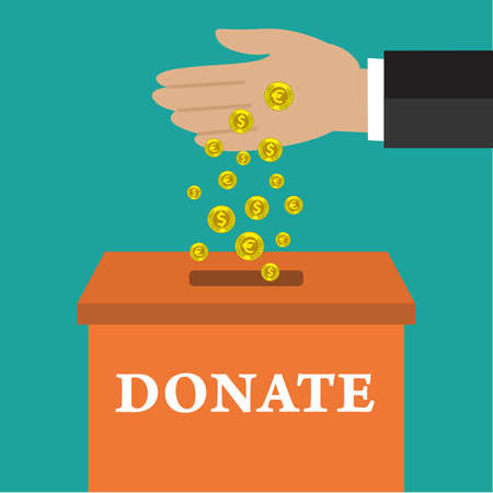 Buisness man hand putting gold coin in donation box on green backgound. vector illustration in flat style, infographics web design elementsのイラスト素材