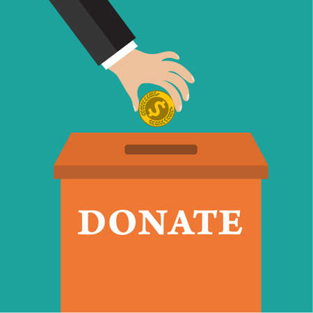 Buisness man hand putting gold coin in donation box on green backgound. vector illustration in flat style, infographics web design elementsのイラスト素材