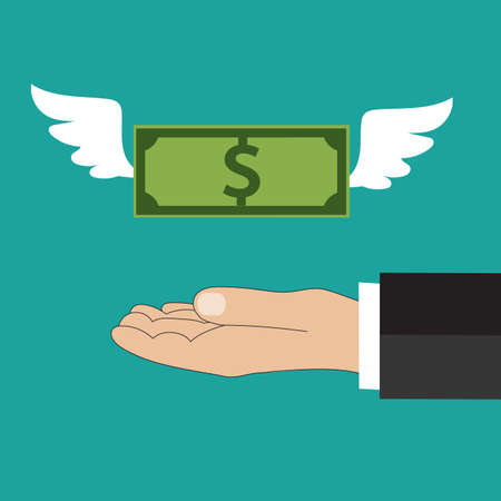 Dollar with wings flying at buisness man hand at green backgound in flat design. Idea for web design, promotion banners, infographic templates. Vector illustrationのイラスト素材