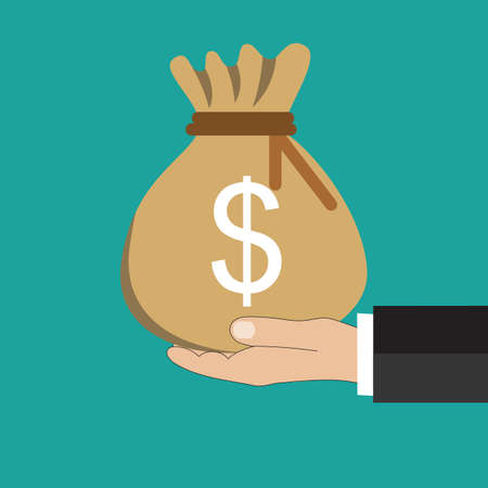 Buisness man Hand holding money bag with dollar symbol at green background, vector illustration in flat design, infographics web design elementsのイラスト素材