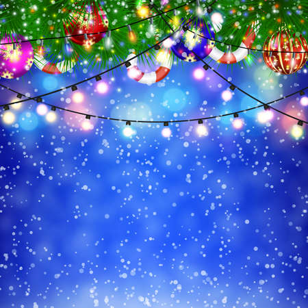 Christmas Lights and fir twigs background . concept for greeting or postal card. vector illustrationのイラスト素材