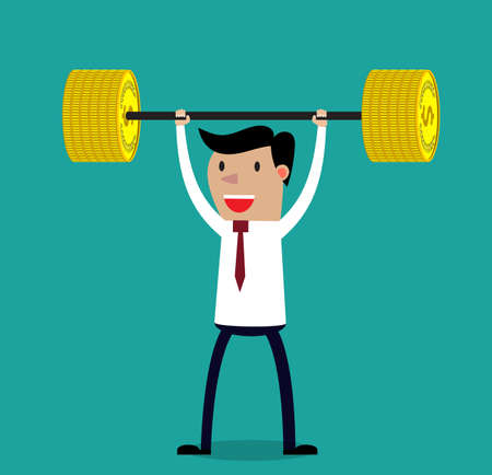 Business executive power lifting barbell made of golden coin.  Vector illustration for business financial strength and financial health metaphor.のイラスト素材