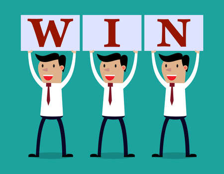 Three cartoon men  holding up cardboard signs that spell WIN. Conceptual vector illustration for victory with unity isolated on green background.のイラスト素材