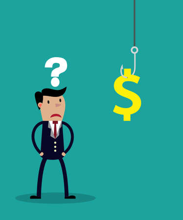 An uncertain businessman standing in front of a hook with a dollar sign as bait. Vector illustration for business concept and metaphor isolated on green background.のイラスト素材