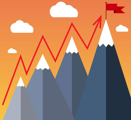 Mountaineering Route. Goal Achievement or Success Concept. Mountains with snow and red flag on the top, sky and clouds on background. Vector illustration in flat styleのイラスト素材