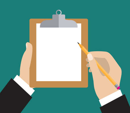 Hand of businessman holding clipboard with blank sheet of paper and a pencil. Flat icon modern design style vector illustration concept.のイラスト素材