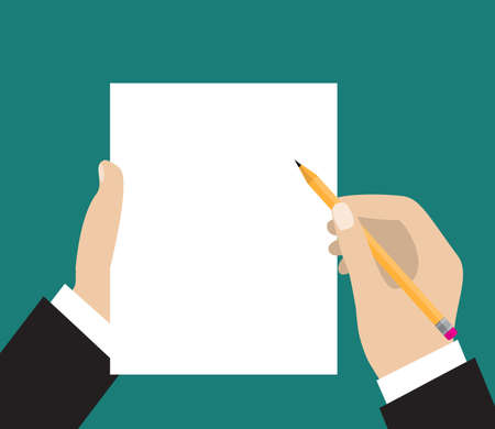 Businessman hand holding blank sheet of paper and pencil. Flat icon modern design style vector illustration concept.のイラスト素材