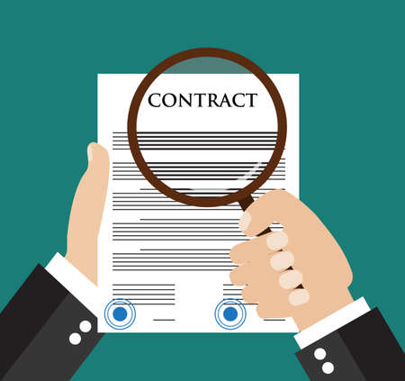 Contract inspection concept - Hand holding magnifying glass over a contract -  Flat icon modern design style vector illustration concept.のイラスト素材