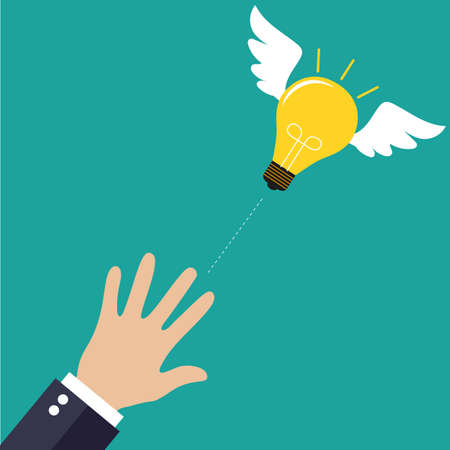 Catching The Flying Idea. Buisness man hand, light bulb with wings at green backgound in flat design. Concept for web design, infographic. Vector Illustrationのイラスト素材
