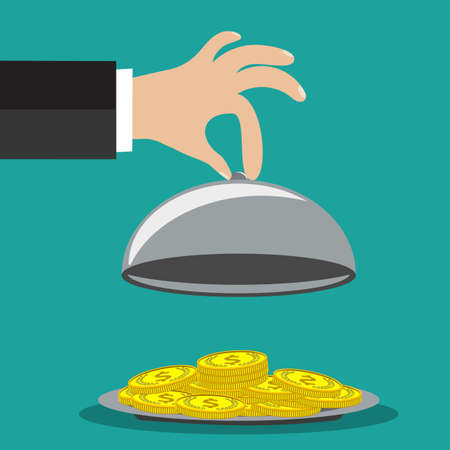 Flat design style modern vector illustration concept of businessman offering a money on the serve plate for funding a commercial project or investment in bank deposit. Isolated on the green backgroundのイラスト素材