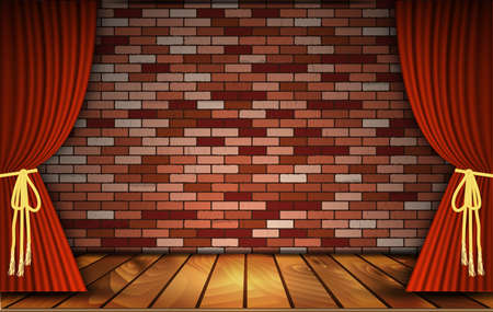 Red curtains or velvet drapes on an old rustic brick wall as a theatrical stage for theater and stand up comedy performance. Vector illustration.のイラスト素材