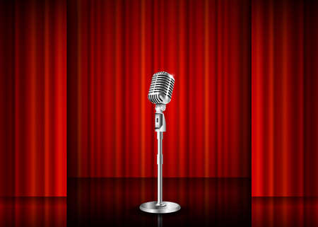 Vintage metal microphone against red curtain backdrop. mic on empty theatre stage, vector art image illustration. stand up comedian night show or karaoke party background. retro designのイラスト素材