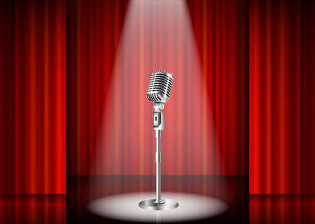 Metallic silver vintage microphone standing on empty stage under beam of spotlight light. mic on podium in the dark against red curtain backdrop. vector art image illustration, retro designのイラスト素材