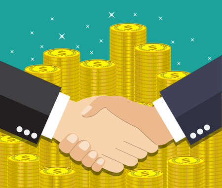 Businessmen handshake. vector illustration in flat design at green background with gold coins. shaking hands. successful transactionのイラスト素材