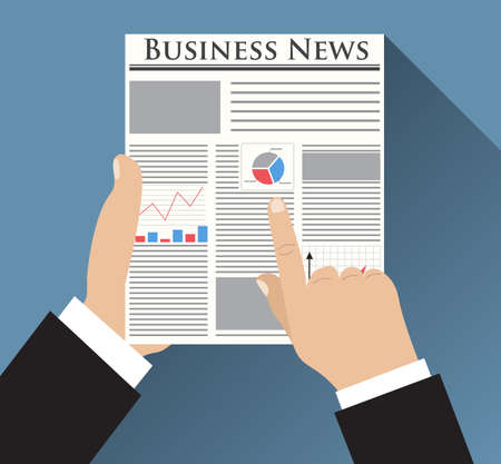 Businessman holding Business News newspaper with graph, chart and diagram on the first page. vector illustration in flat design on blue backgound for business concept.のイラスト素材