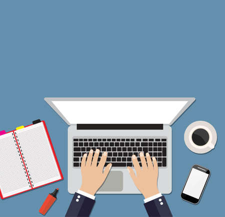 Businessman working on laptop. Hand on notebook keyboard with blank screen monitor. Flat design concept with copy space. Vector illustration. top viewのイラスト素材