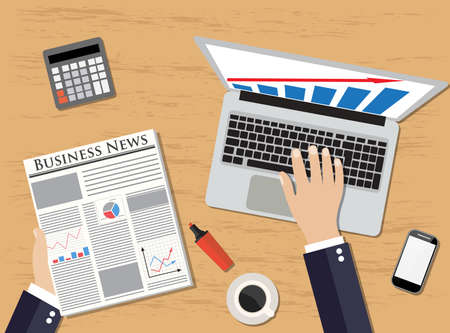 Top view of workplace manager holding newspaper near laptop, smartphone,  calculator, coffe, pencil.  vector illustration in flat design  for business concept.のイラスト素材