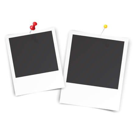 two blank photo pinned on white wall. photo frame with shadow for your object. Vector illustrationのイラスト素材