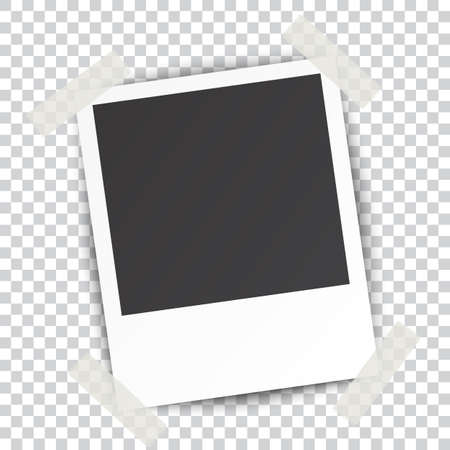 Retro blank photography with a black place for your image in a photo album page. photo frame with shadow Sticked on Duct Tape on a transparent background for your object. Vector illustrationのイラスト素材