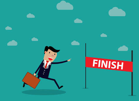 Businessman Run Cross Finish Line. vector illustration in flat design on green backgound.のイラスト素材