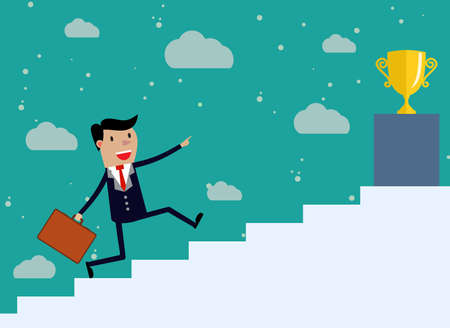 Businessman run Up Stairs, Concept Business Man Win Price. vector illustration in flat design on green backgound.のイラスト素材