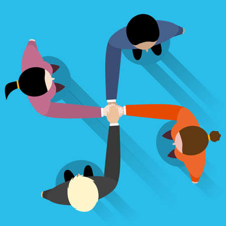 businessman and woman join hands by touching top of each other. Top view. Vector flat design for business web infographic concept.のイラスト素材