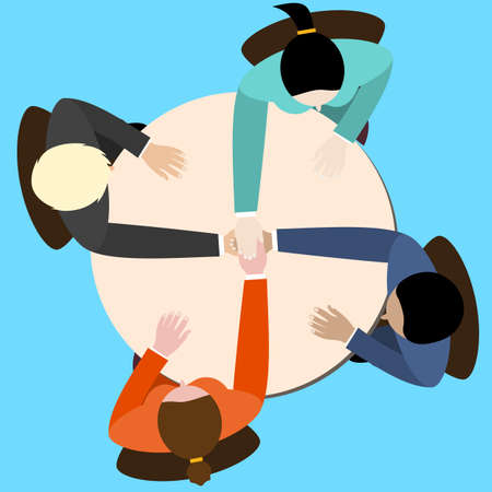 businessman and woman join hands by touching top of each other sitting at the office table. Top view. Vector flat design for business web infographic concept.のイラスト素材