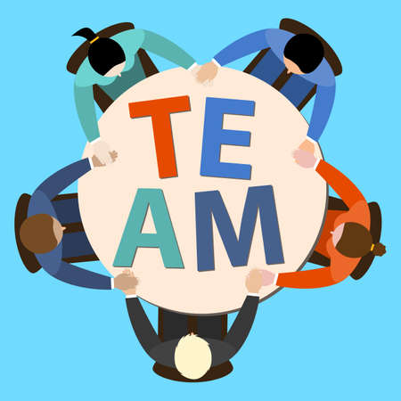 Friendly team circle hands support slogan TEAM.  Office table top view. Vector flat design for business web infographic conceptのイラスト素材