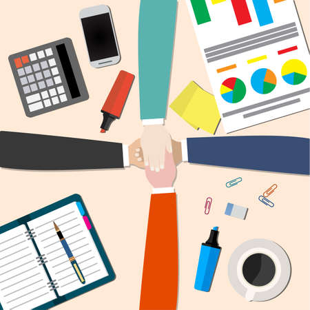 businessman and woman join hands by touching top of each other sitting at the office table. Top view. Vector flat design for business web infographic concept.のイラスト素材